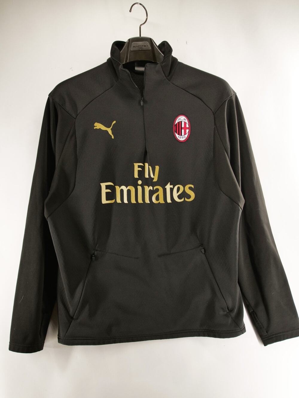 Puma AC Milan Training Jacket Mens L Large Black Gold Fly Emirates 1/4 Zip